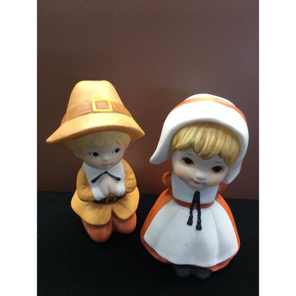 Vtg Lefton China Pilgrims Girl & Boy Praying Figurines Thanksgiving Painted 1984 - Picture 2 of 15